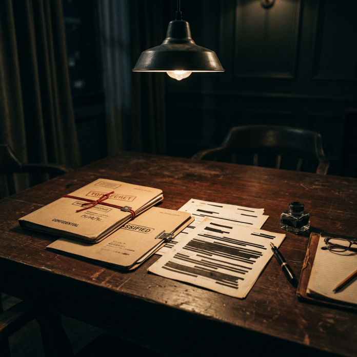 Classified documents under a desk lamp Redacted classified documents and notebooks on a wooden desk beneath a lamp