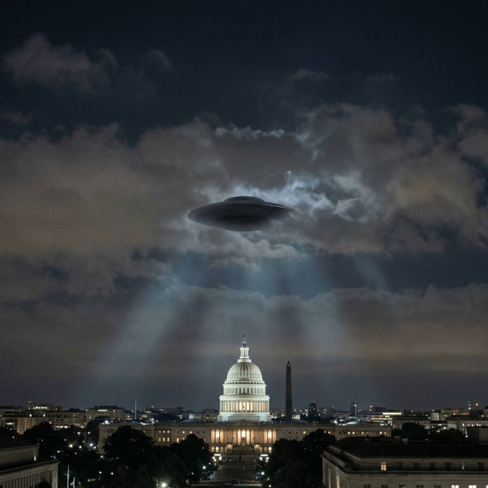 UFO Over Capitol Under Stormy Skies Saucer-shaped UFO hovering above the illuminated U.S. Capitol at night